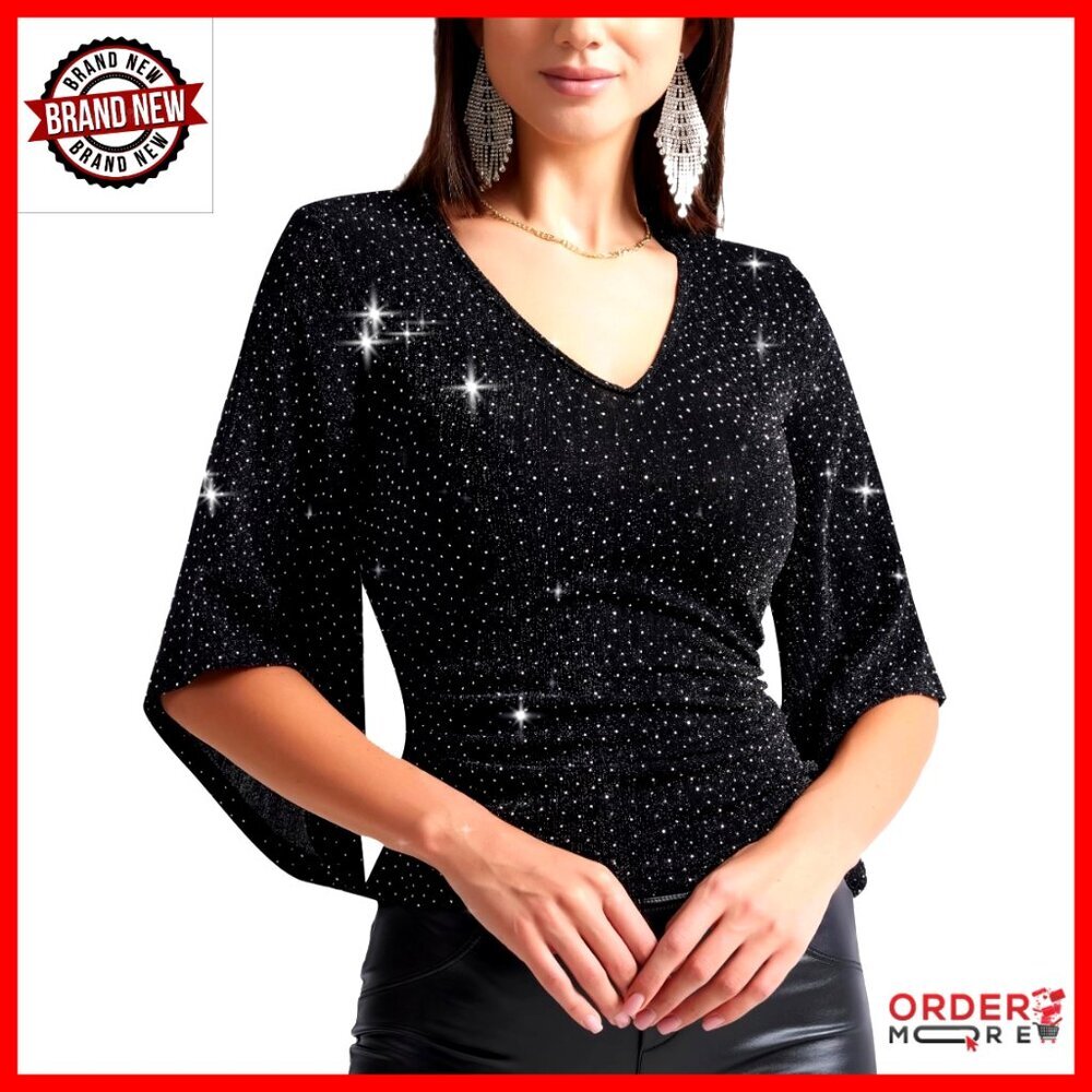 Shiny Glitter Blouse 3/4 Sleeve V-Neck Party Top Slim Fit